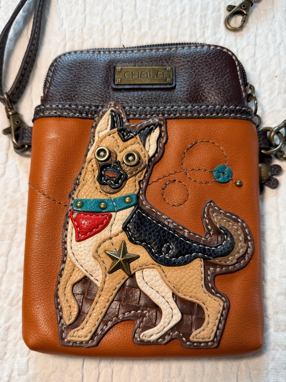 Chala Brown & Tan Leather Crossbody with Colorful German Shepherds Appliqué